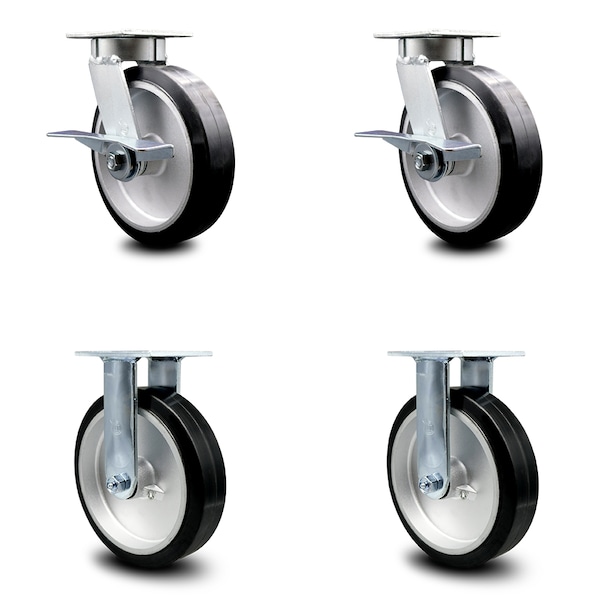8 Inch Kingpinless Rubber on Aluminum Wheel Caster Brakes 2 Rigid SCC, 2PK